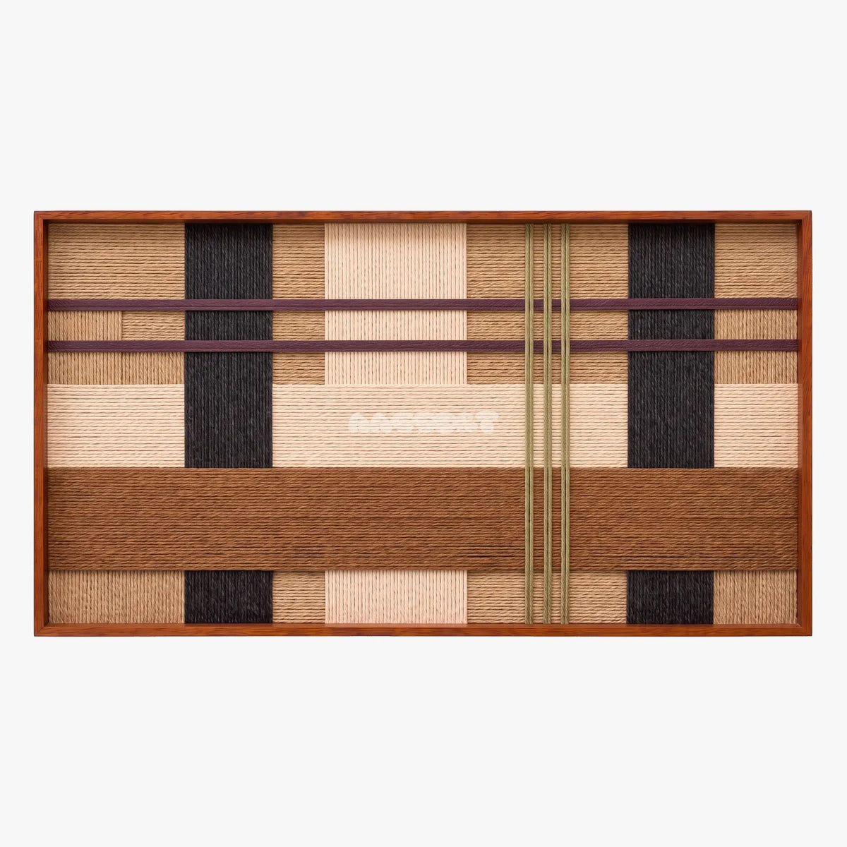 Front view of Desert Cadence RE093 framed geometric fiber wall art in brown, cream, charcoal, olive and plum