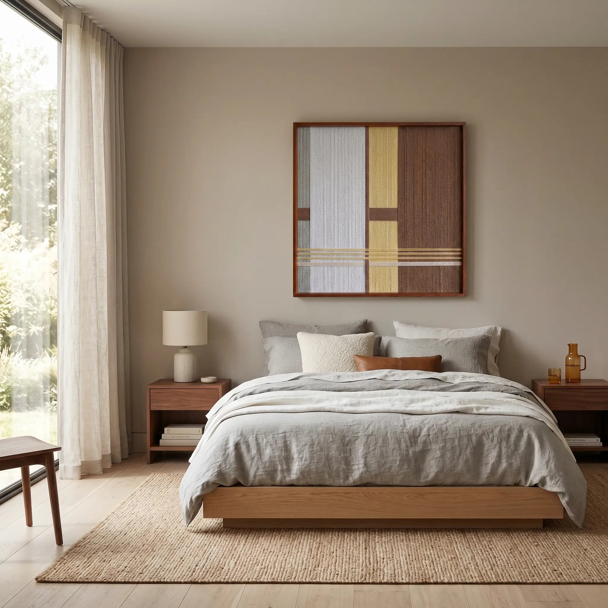 Large-scale textured fiber wall art hanging above a platform bed with grey linens in a peaceful, minimalist bedroom with natural lighting.