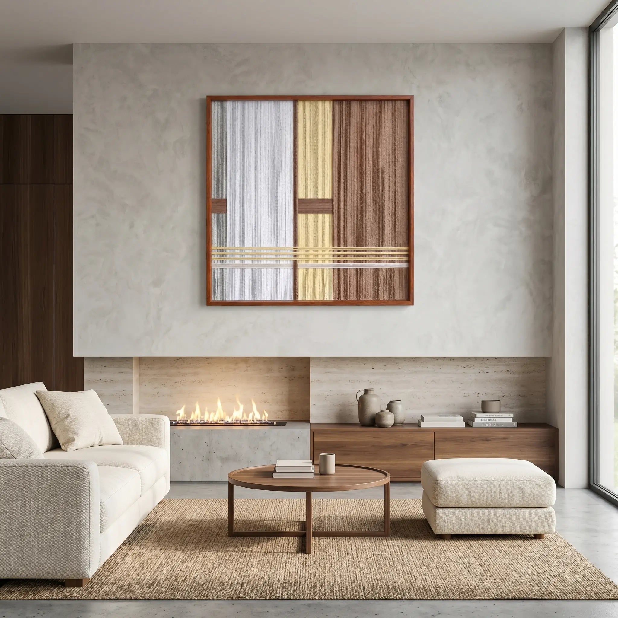 Modern hand-woven wool wall hanging styled in a luxury lounge area with a fireplace, low wooden table, and plush white furniture.