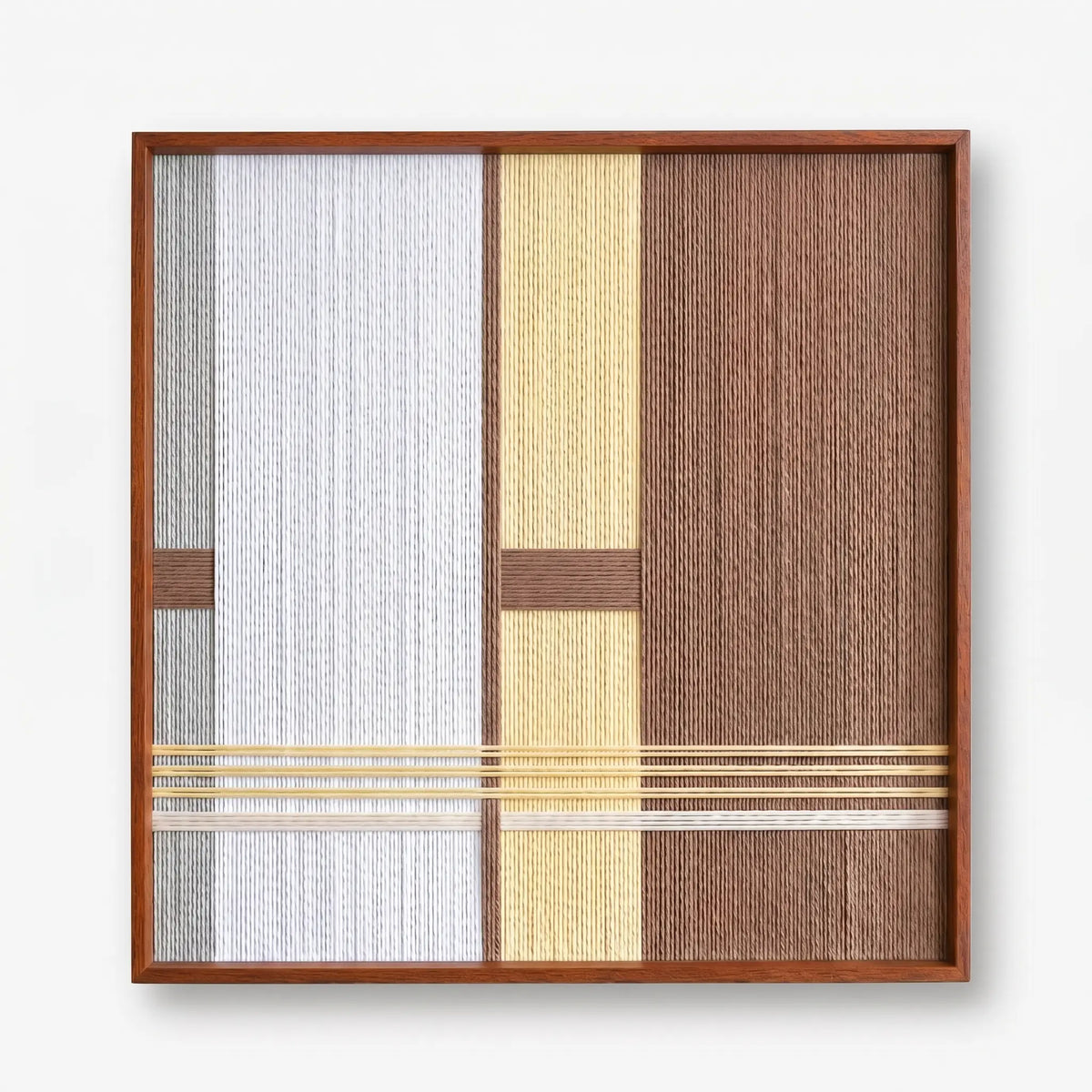 Direct front view of the Diluted Solitude soft cotton cord fiber artwork showcasing the intricate vertical weaving and horizontal gold metallic accents.
