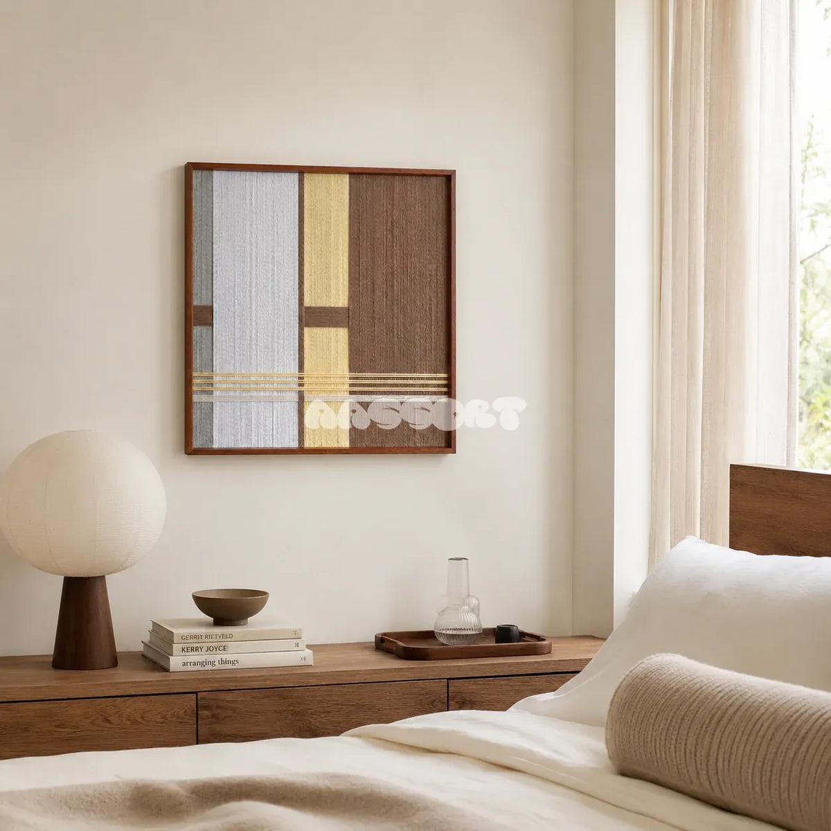 Diluted Solitude gray yellow and brown textile wall art styled above a low wood dresser in a bright neutral bedroom.