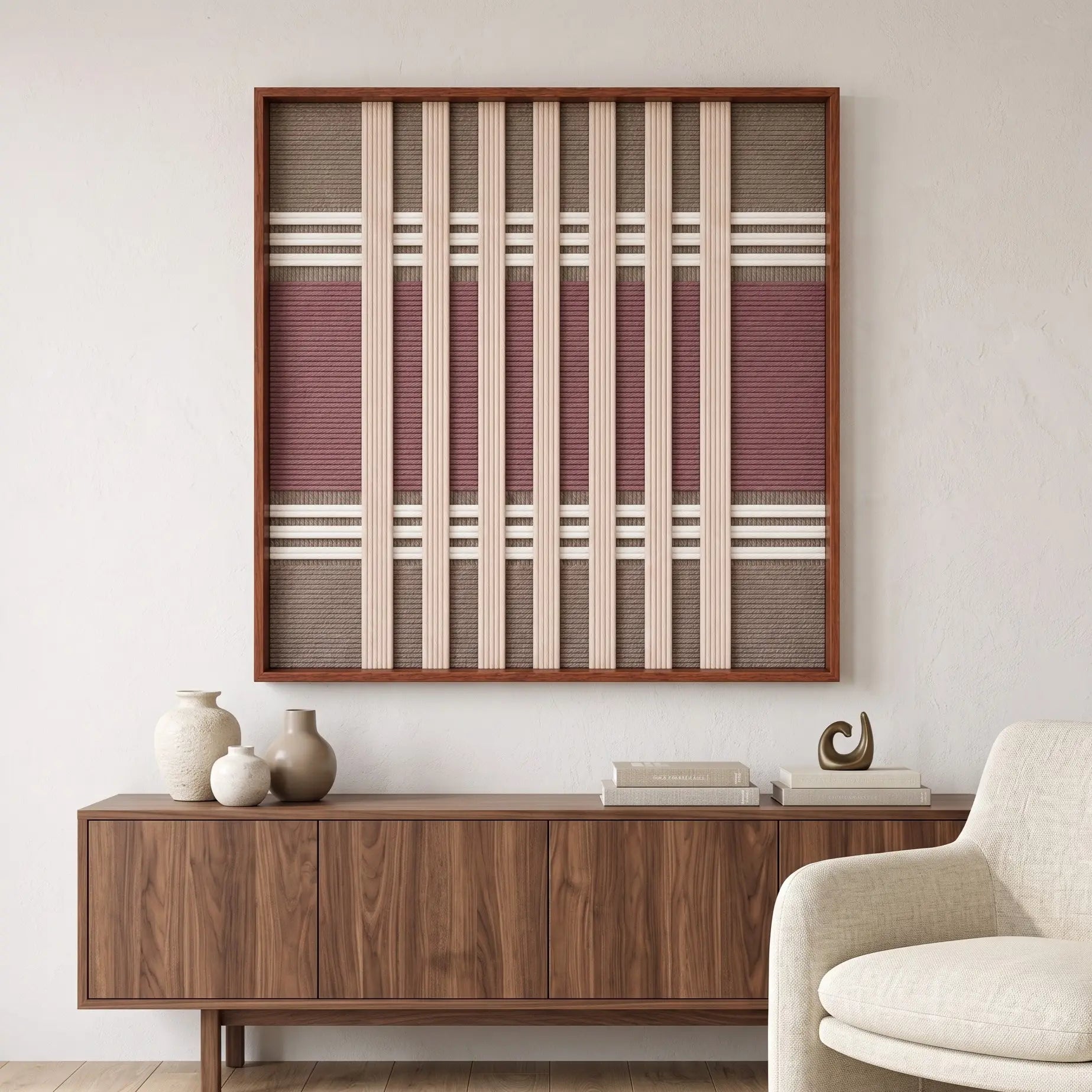 Framed Dusty Tones textile wall art styled elegantly above a wooden credenza in a sunlit modern living room setting.