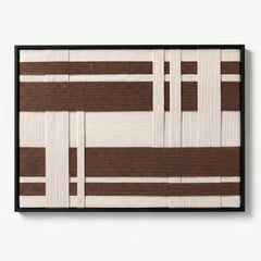 Frontal studio shot of the Earthen Bands hand-woven wool tapestry featuring brown and cream geometric patterns in a black frame.