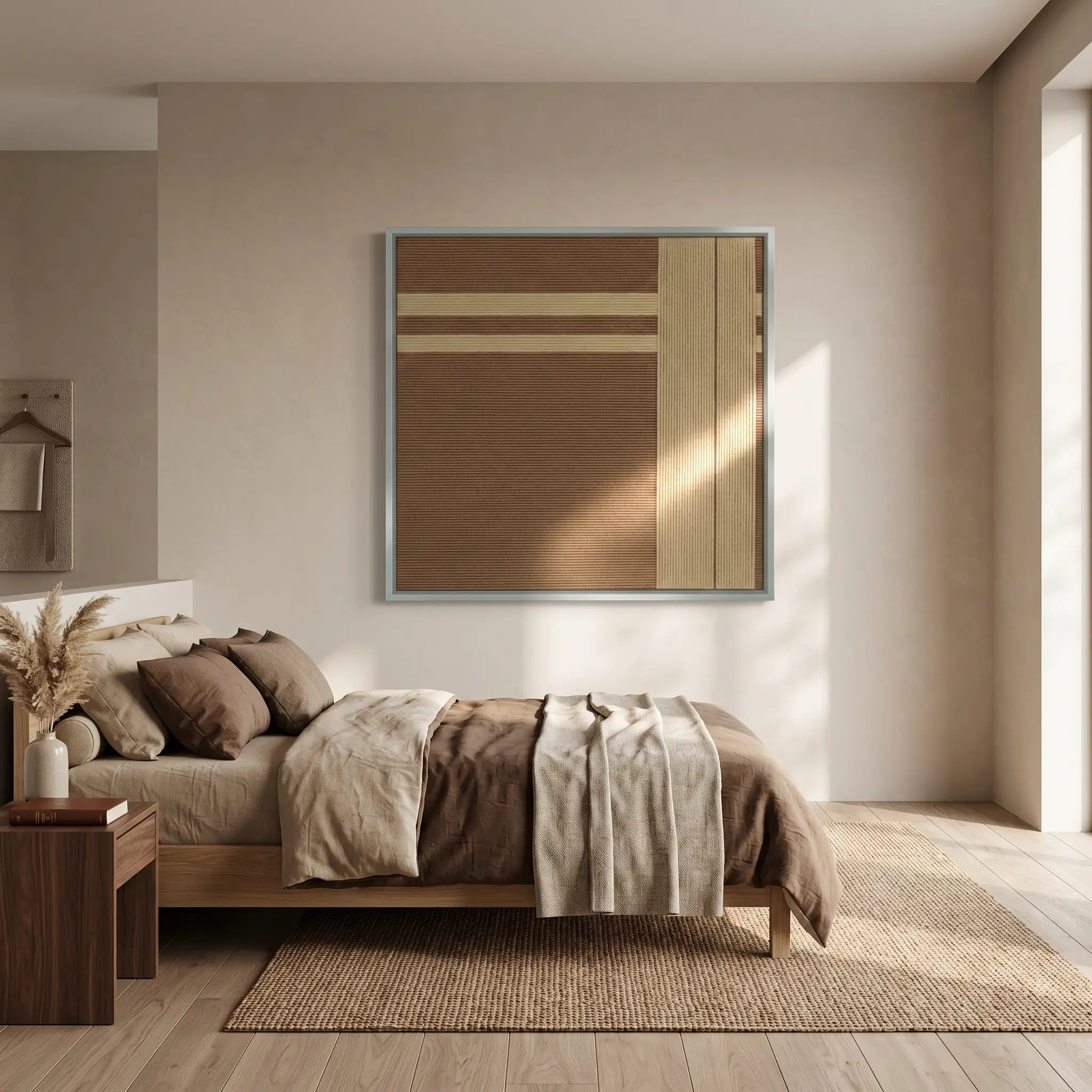 Modern hand-woven wool wall hanging styled above a platform bed with brown linens, creating a cozy and organic bedroom aesthetic.