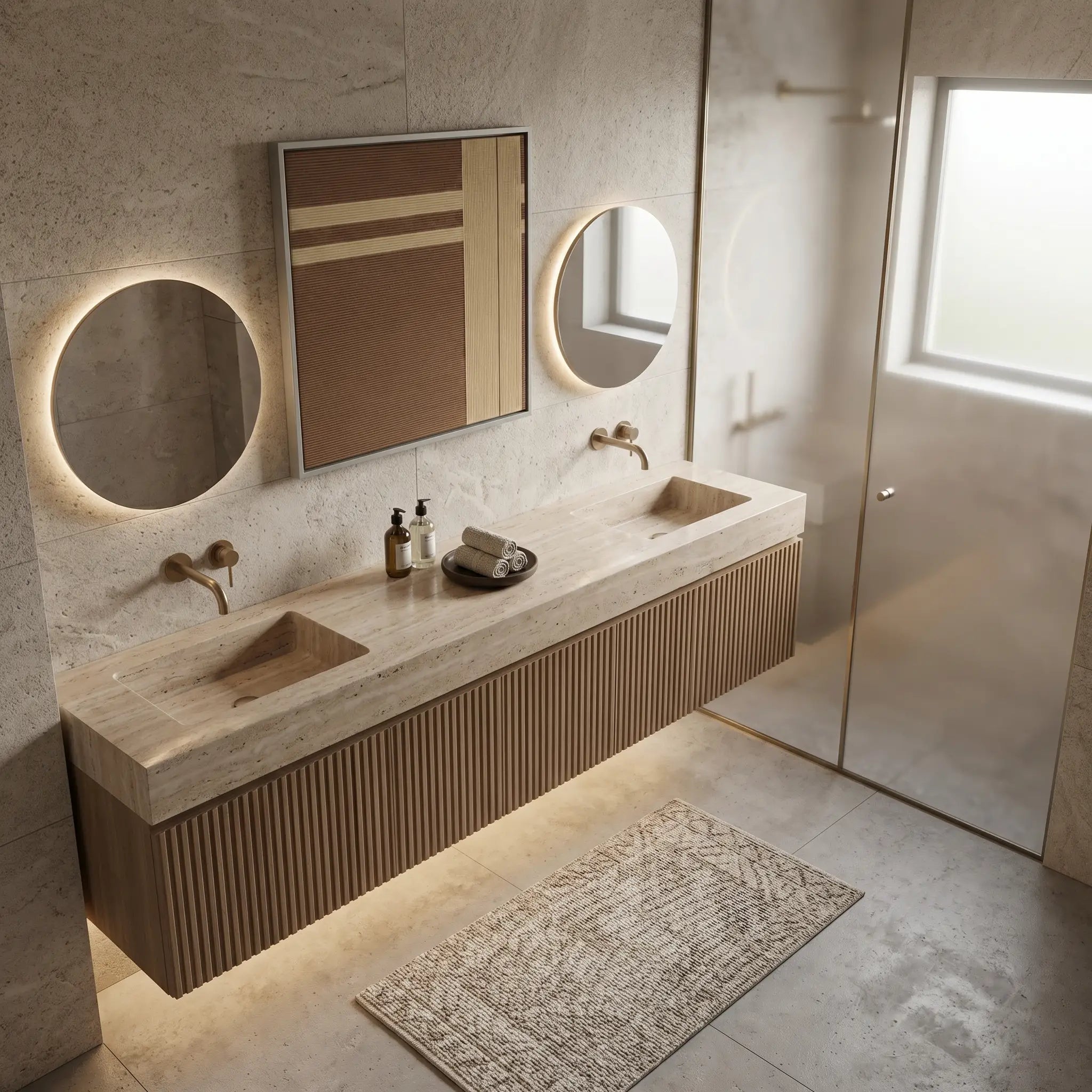 Framed fiber art tapestry with an earthy textured design displayed in a luxury bathroom featuring double sinks and circular mirrors.