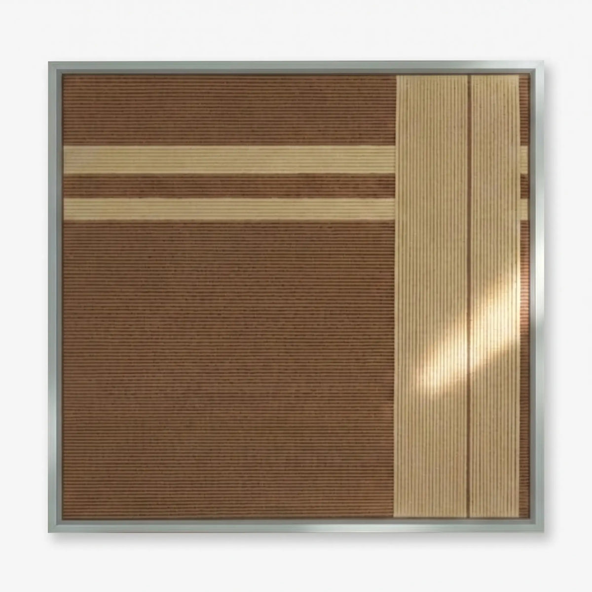 High-resolution front view of Earth’s Embrace soft cotton cord fiber artwork showcasing the intricate vertical and horizontal geometric weaving patterns.