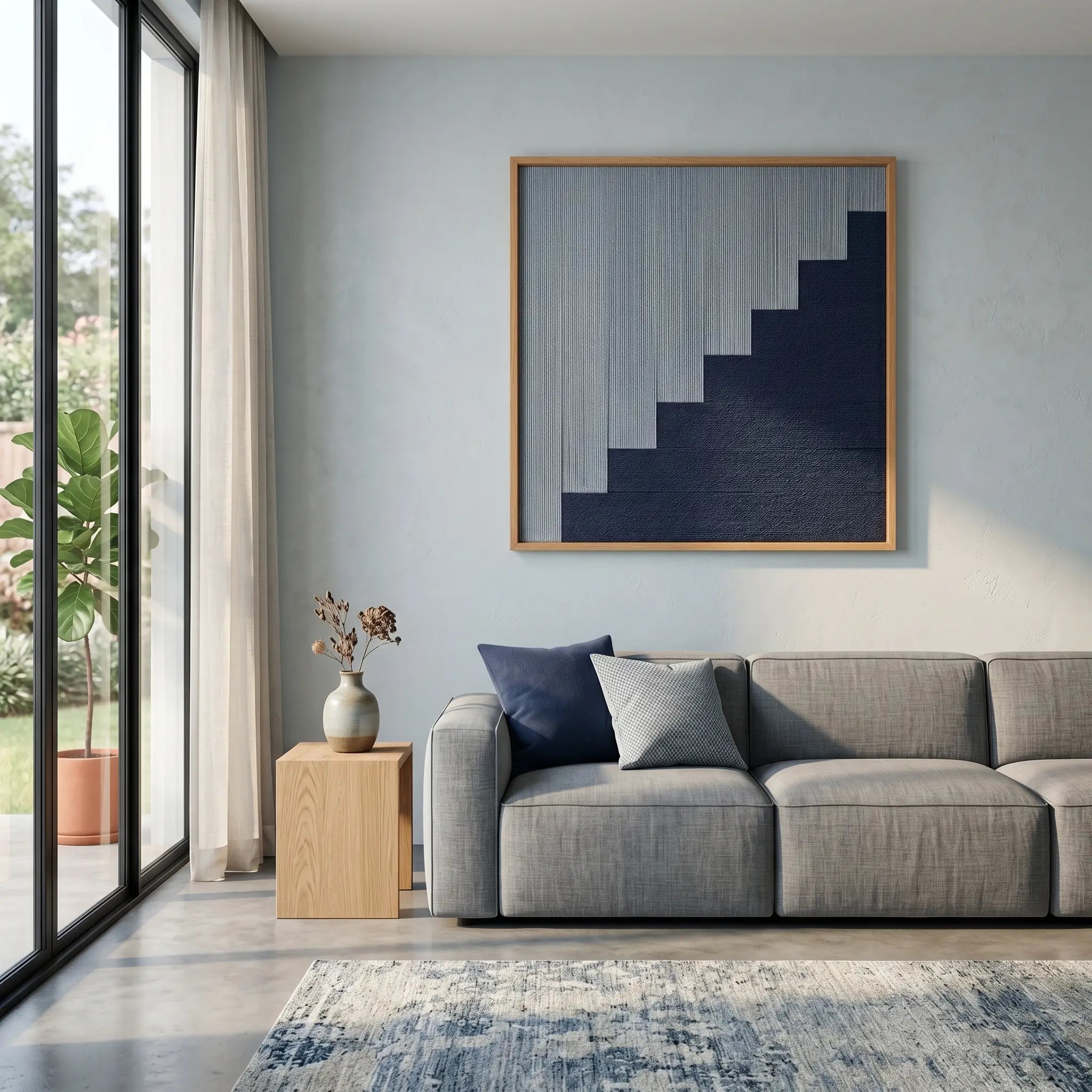 Large-scale hand-woven wool wall decor centered above a modern grey couch, creating a sophisticated focal point with deep blue tones.