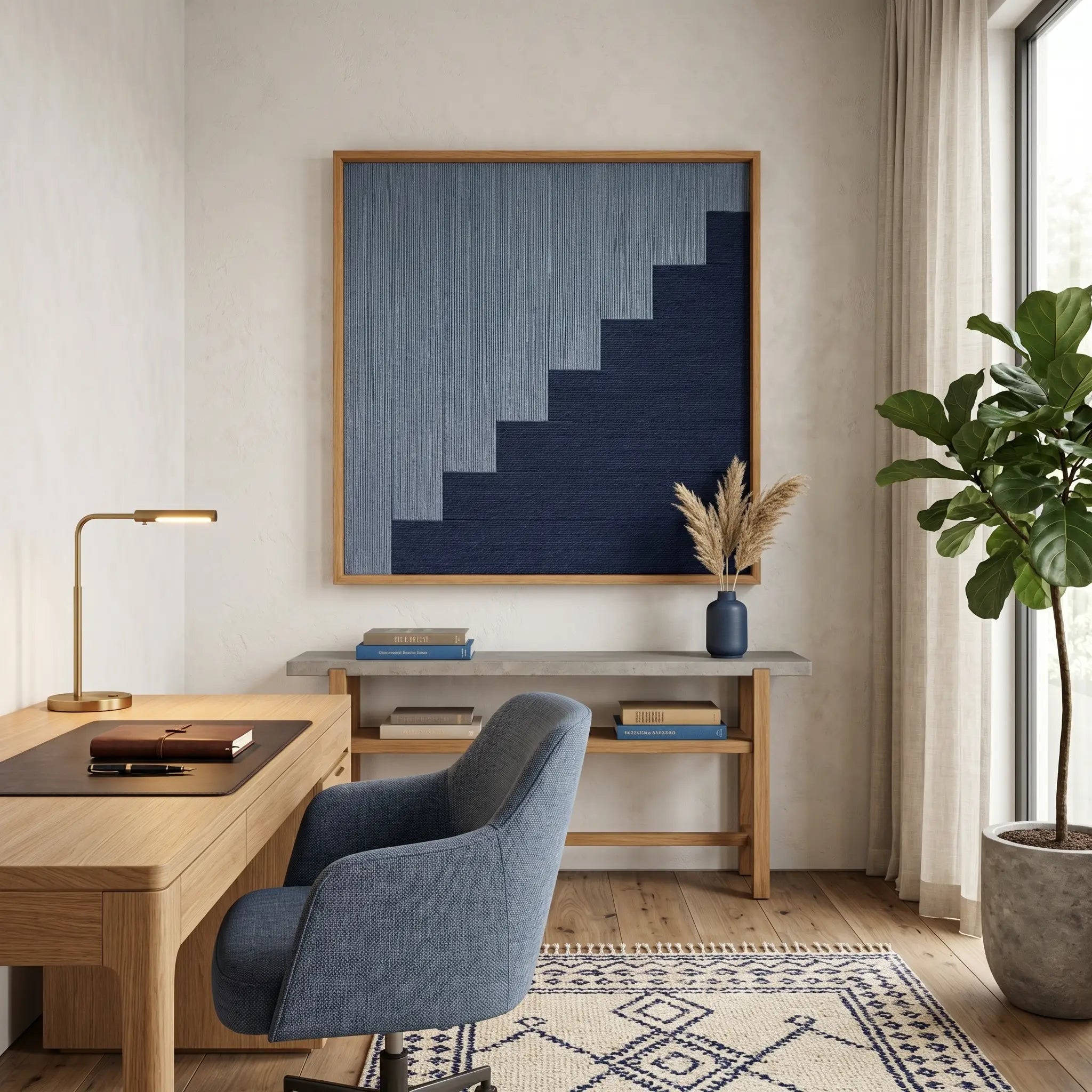 Textured wool wall hanging with a minimalist step design styled above a light wood desk and blue office chair in a bright room.