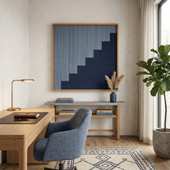 Textured wool wall hanging with a minimalist step design styled above a light wood desk and blue office chair in a bright room.