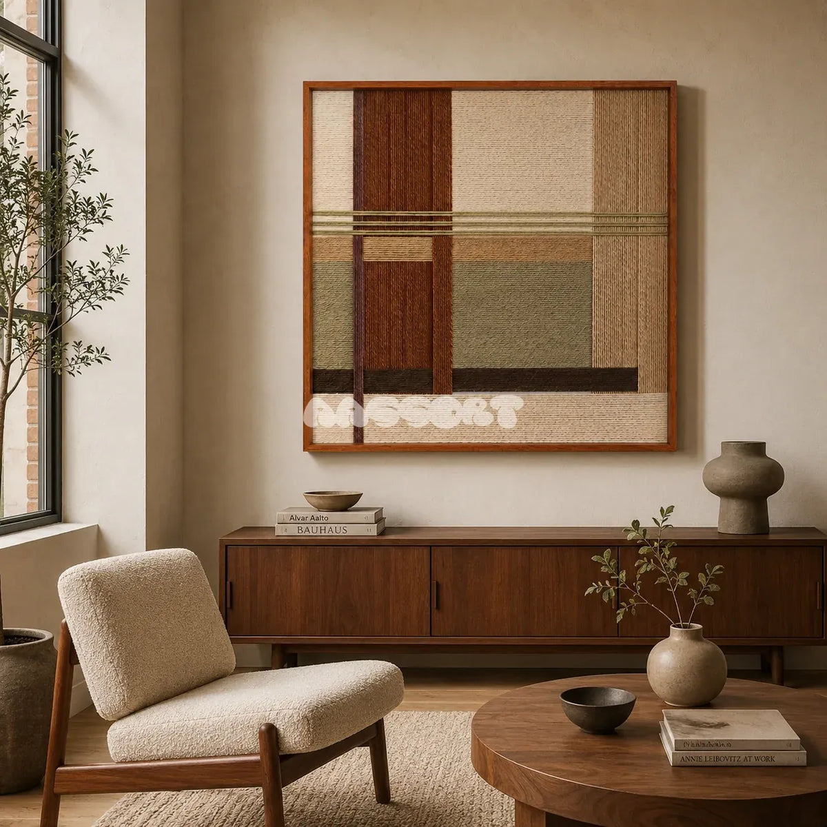 Embers of the Wild earth-tone textile wall art featured above a walnut sideboard in a calm modern living room.