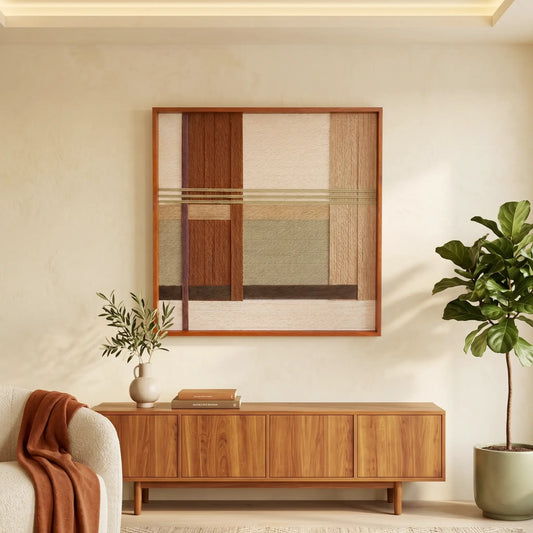 Hand-woven wool wall art with earthy brown and sage green tones hanging above a mid-century modern wooden credenza with a fiddle leaf fig.