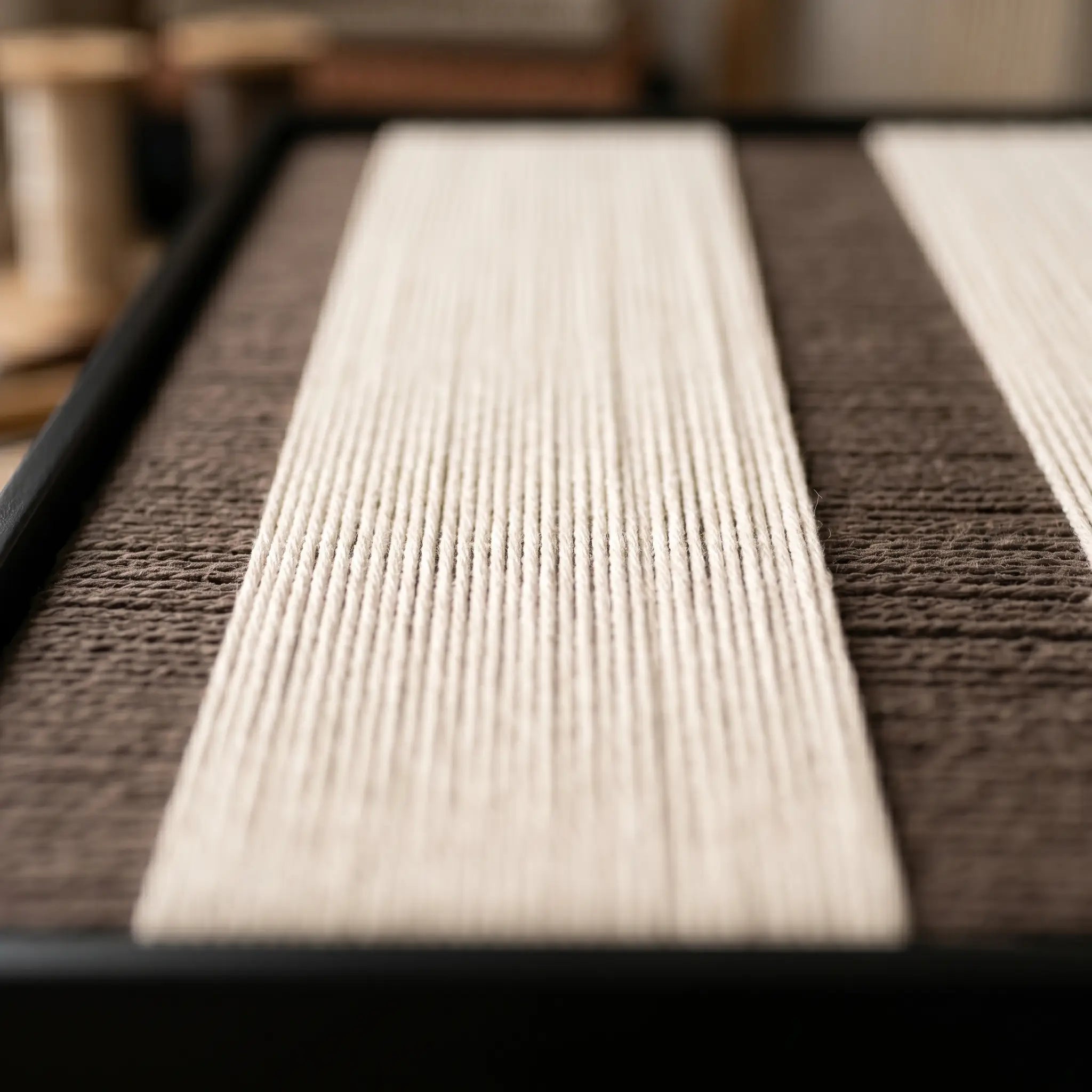 Angled close-up of the framed Eternal Colonnade hand-woven tapestry, showing the wooden frame depth and the precision of the cream and brown weave.