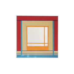 Studio front view of the square wall mirror featuring a unique hand-woven wool frame in bright red, yellow, and blue tones.