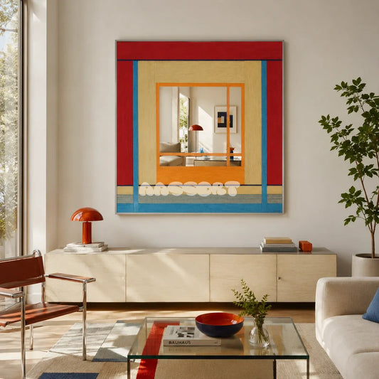 Fields of Blossoms red, blue, cream, and orange yarn-framed mirror displayed above a sideboard in a sunlit Bauhaus-style living room.