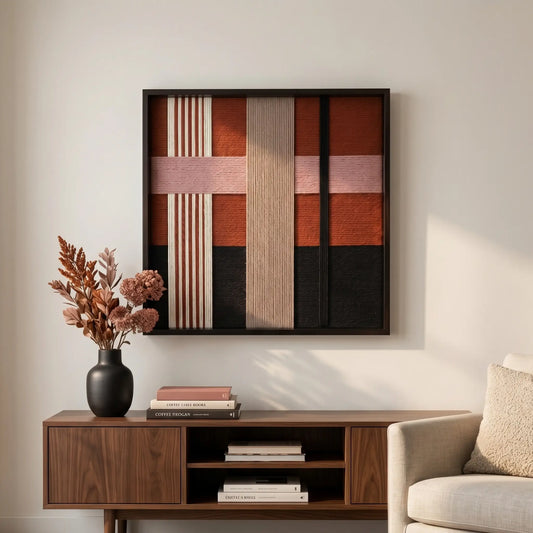 Framed textured wool wall art styled above a dark wood credenza with minimalist pottery and dried floral arrangements.