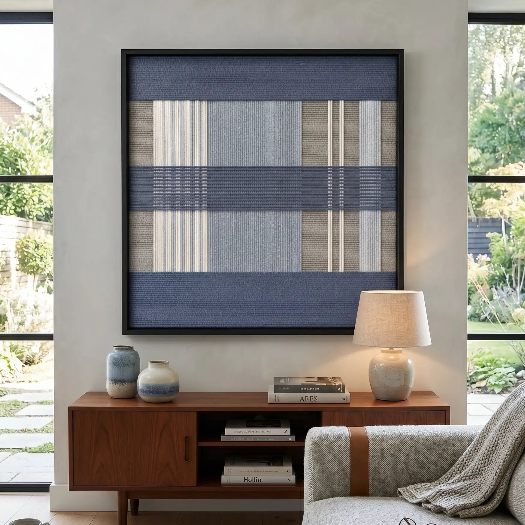Earth-toned Foggy Pier framed wall art styled elegantly above a mid-century wooden credenza adorned with a modern lamp in a bright, sunlit living room.