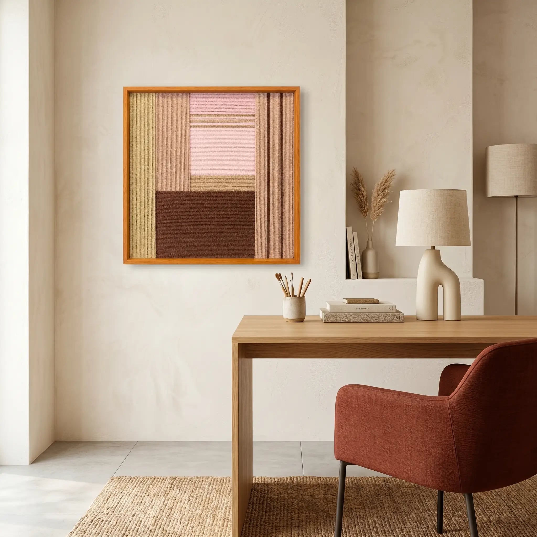 Framed textured fiber wall art hanging in a minimalist home office above a wooden desk with a terracotta swivel chair.
