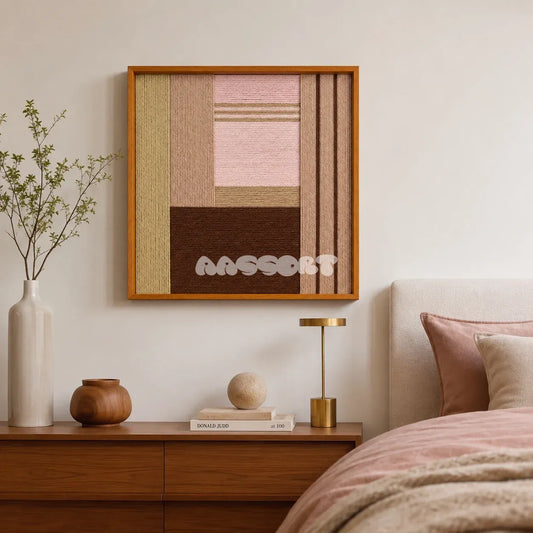 Folded Dialogue pink beige and espresso textile wall art displayed above a walnut nightstand in a warm modern bedroom.