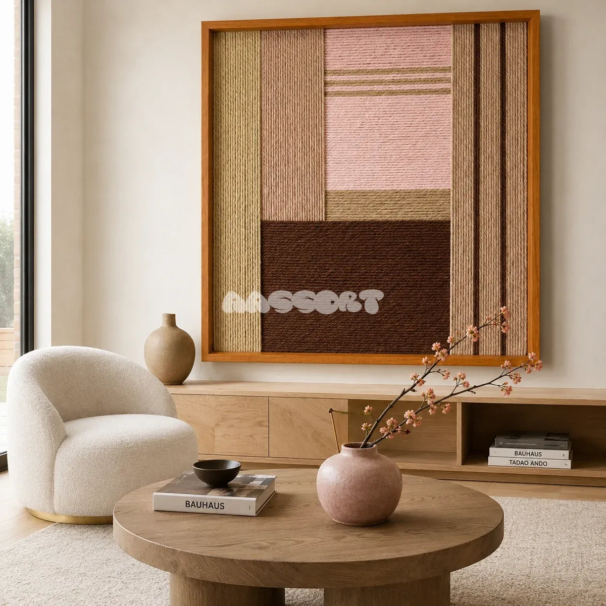 Folded Dialogue pink beige and espresso textile wall art displayed above a light wood sideboard in a warm modern living room.
