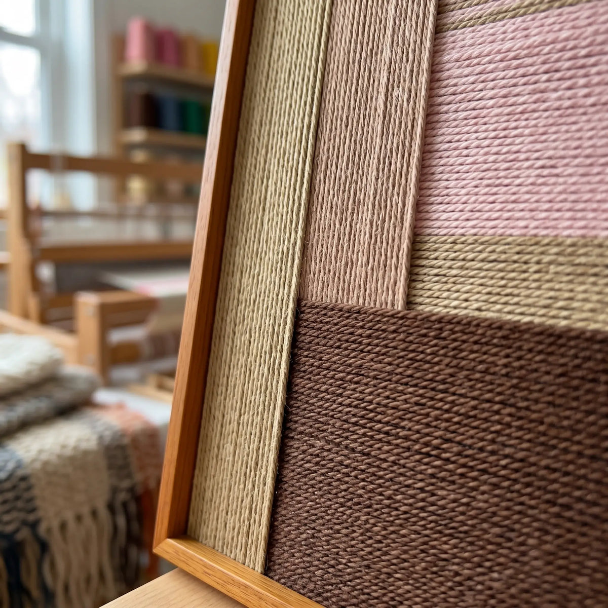 An angled close-up showing the rich, tactile soft cotton cord textures and the professional oak wood frame of the wall art.