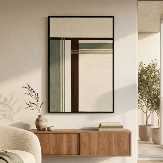 Large framed textured fiber wall art hanging above a floating wooden sideboard in a bright, minimalist living room with neutral tones.