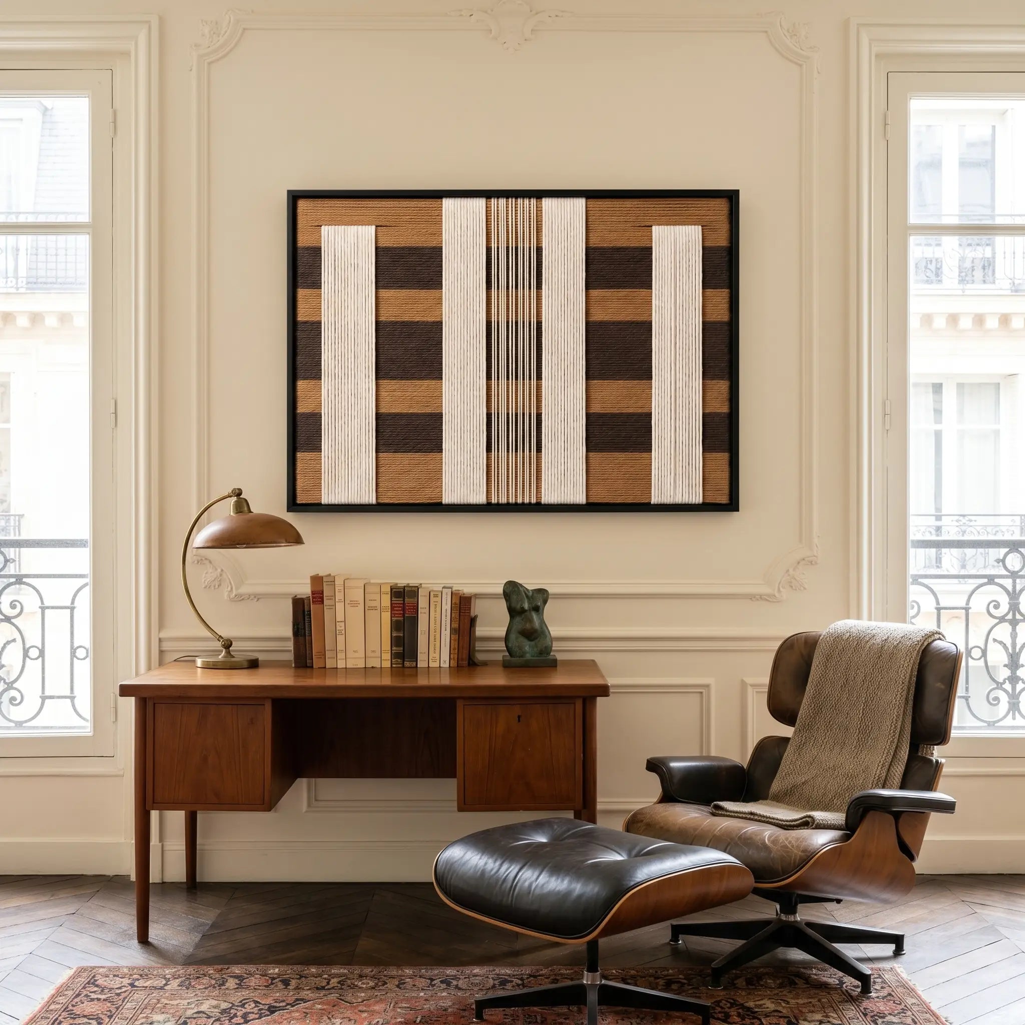 The Forgotten Gateway hand-woven wool tapestry provides a sophisticated focal point above a wooden desk and leather chair in a home office.