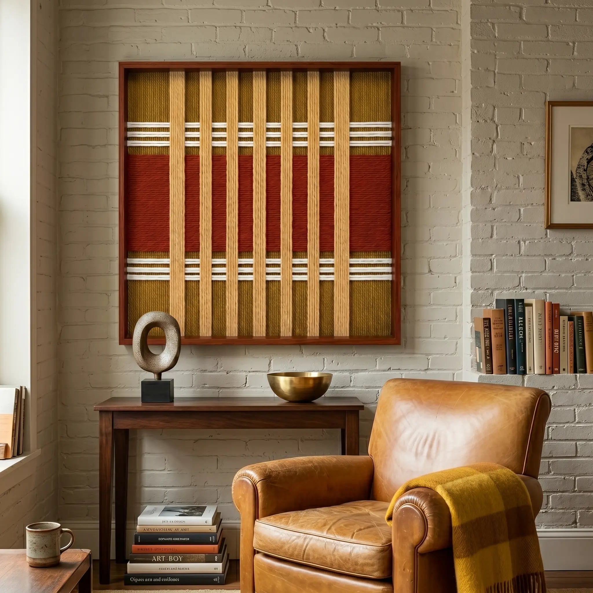 Framed Gilded Coronation textile wall art displayed in a warm, earthy entryway, hanging above a console table next to a comfortable leather armchair.