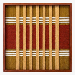 Frontal studio shot of the Gilded Coronation square hand-woven textile wall art featuring vertical rust and gold stripes in a warm wooden frame.