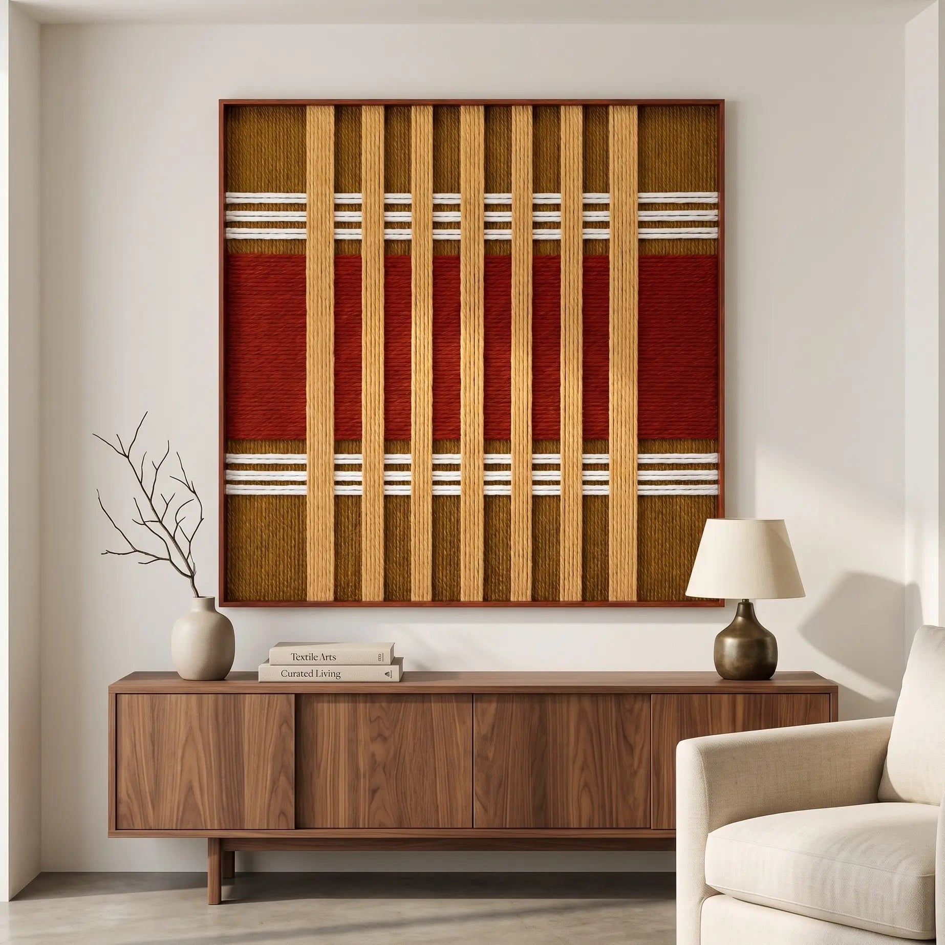 Framed Gilded Coronation textile wall art styled above a comfortable beige armchair in a sunlit modern living room setting.