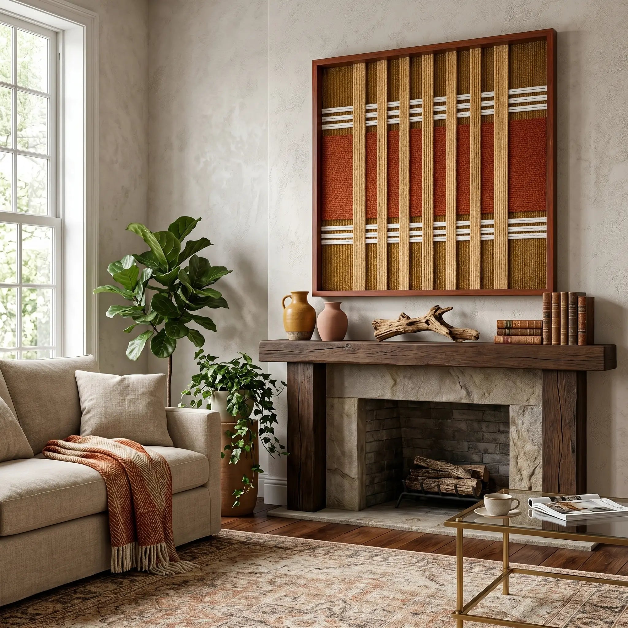 Earth-toned Gilded Coronation framed wall art styled elegantly above a wooden sideboard next to a large potted plant in a sunlit modern living room.