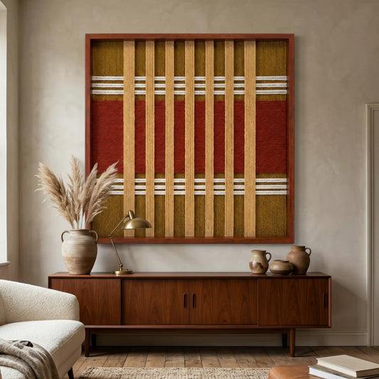 Large square Gilded Coronation hand-woven wall art hanging elegantly above a mid-century wooden credenza in a bright, modern living room.
