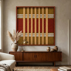 Large square Gilded Coronation hand-woven wall art hanging elegantly above a mid-century wooden credenza in a bright, modern living room.