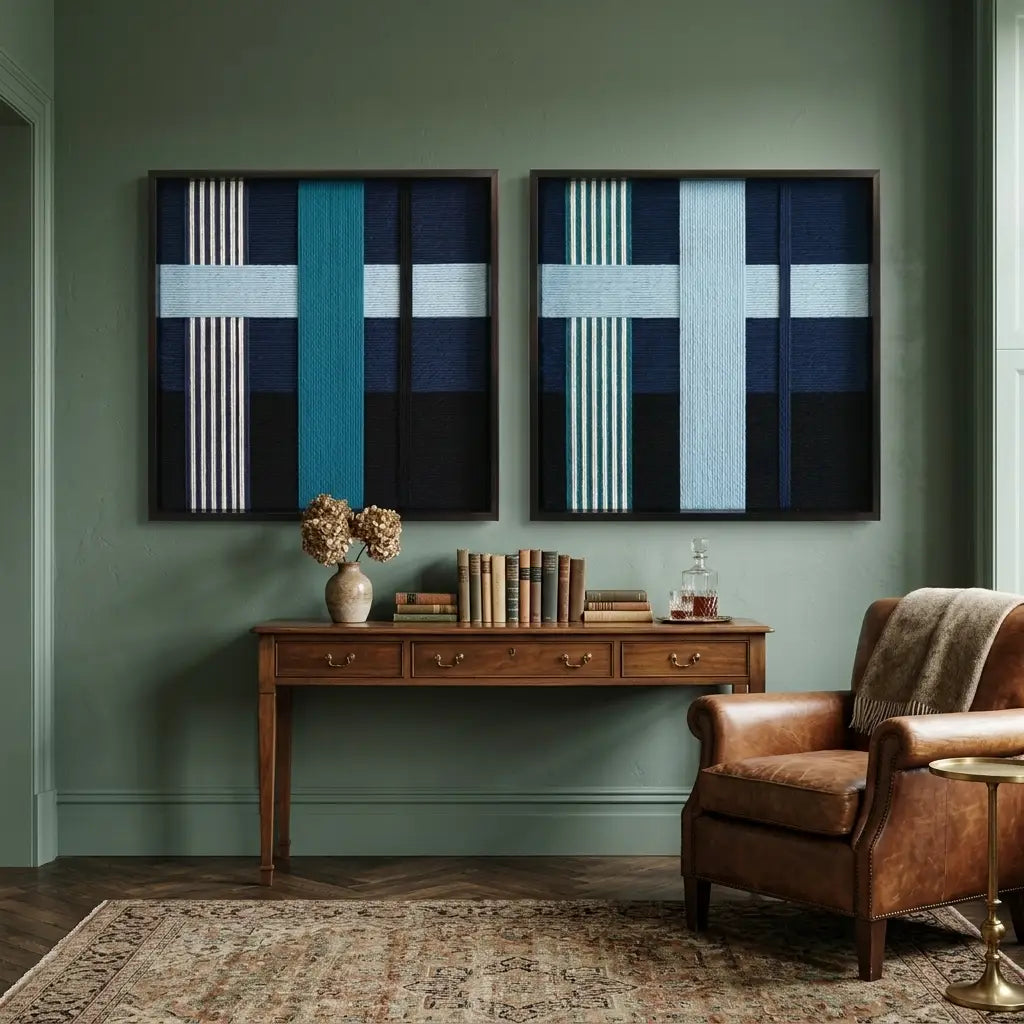 Two framed Glacial Stationeries hand-woven textile art pieces hanging on a sage green wall above a console table and a tan leather armchair.