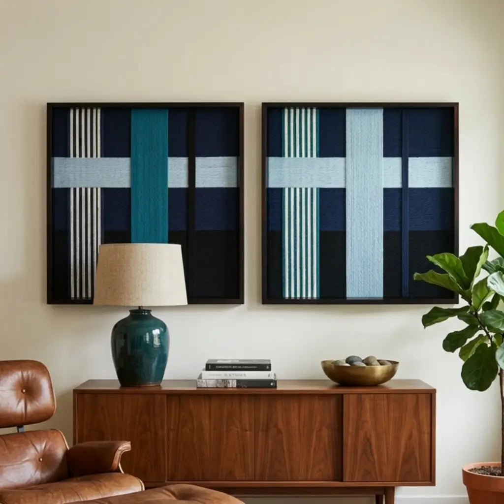 The Glacial Stationeries textile art duo styled beautifully above a dark wood mid-century sideboard with a lamp and decor in a sophisticated living room.