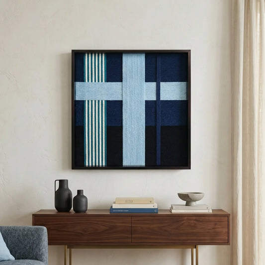 Textured fiber wall art in glacial blue tones styled in a sunlit living room above a dark wood sideboard with minimalist pottery.