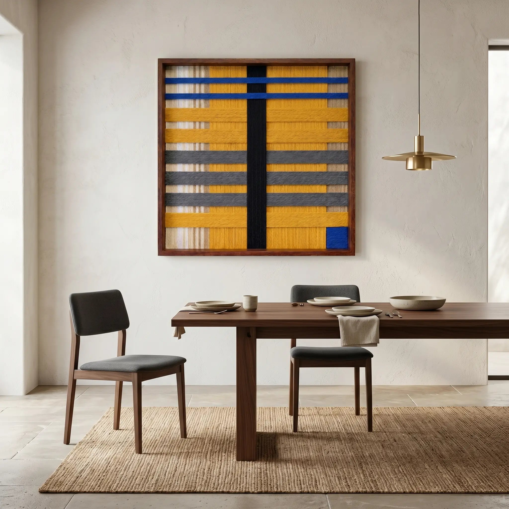 Vibrant geometric wool tapestry styled as a bold focal point in a contemporary dining room with a dark wood table and chairs.