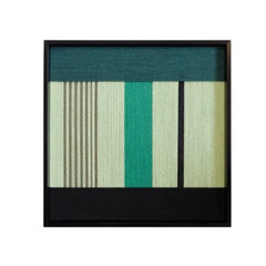 Front view of Green Branches yarn wall art on a plain white background, showing exact square proportions and clean stripe pattern.