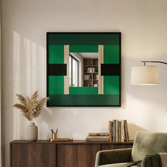 Square hand-woven fiber wall art in a black frame with a central square mirror, featuring emerald and forest green geometric panels with black accents, styled above a walnut sideboard.