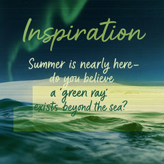 Inspiration graphic for Green Glow featuring a coastal grass motif and poetic quote “Summer is nearly home – a green glow beyond the sea” illustrating the design concept