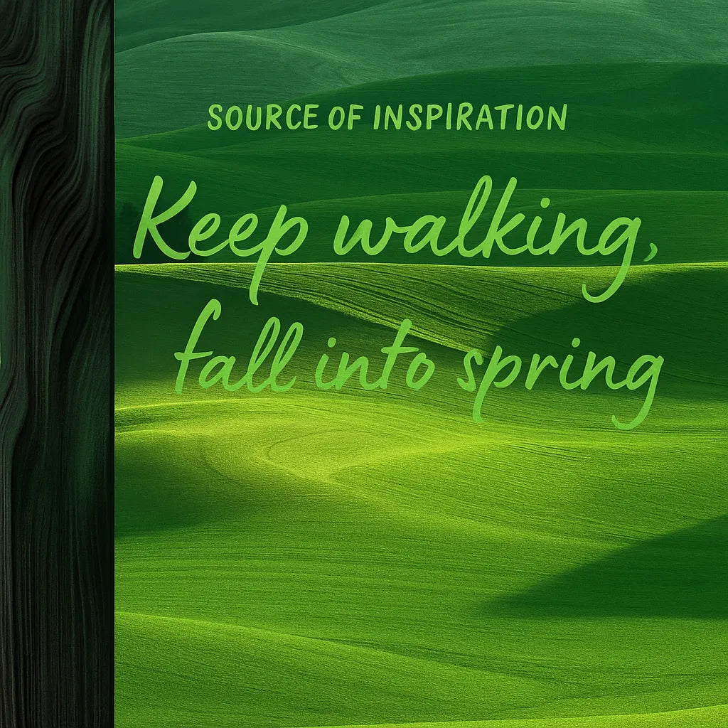 Inspiration graphic for Green Shadow Weave featuring a verdant field motif and poetic quote to convey the artwork’s modern organic concept