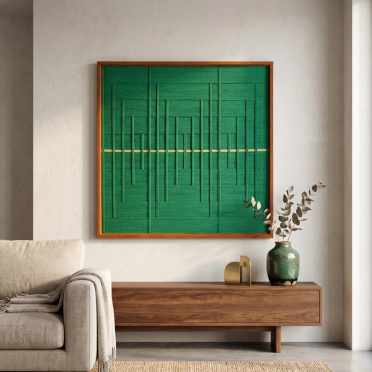 Large square hand-woven wool wall art in a cherry wood frame featuring a textured monochromatic emerald green design with raised geometric lines and a thin gold horizontal accent, styled above a walnut console.
