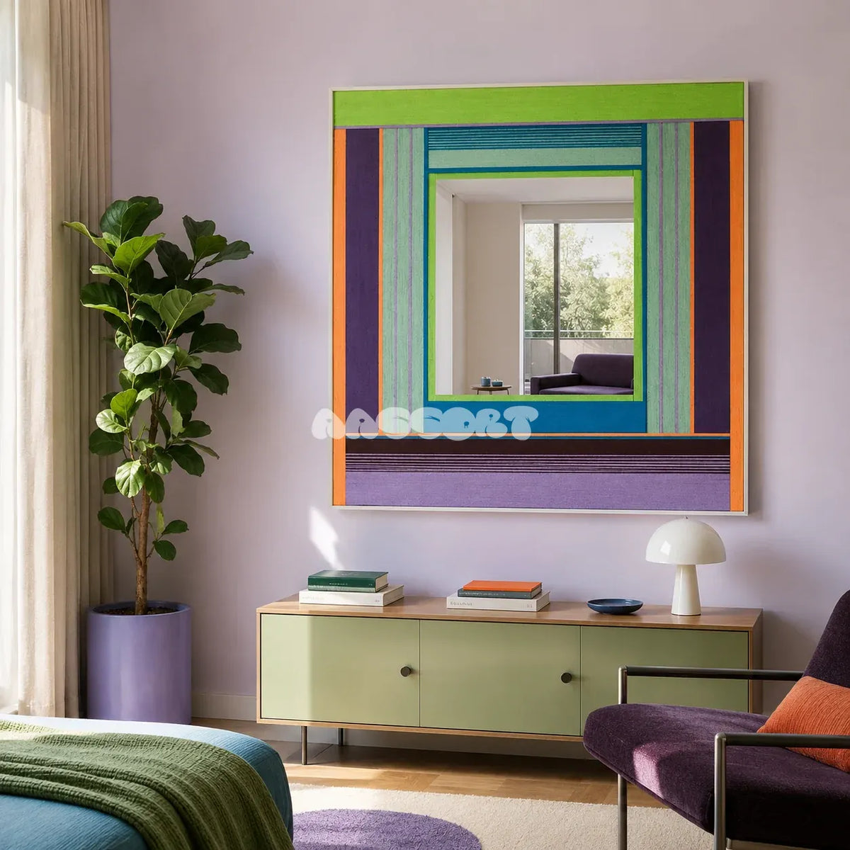 Hidden Forest colorful yarn-framed mirror displayed above a pale green sideboard in a sunlit modern bedroom.
