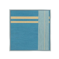 Front view of Infinite Serenity yarn woven wall art on a plain white background, showing its exact square proportions and harmonious blue-yellow stripe design