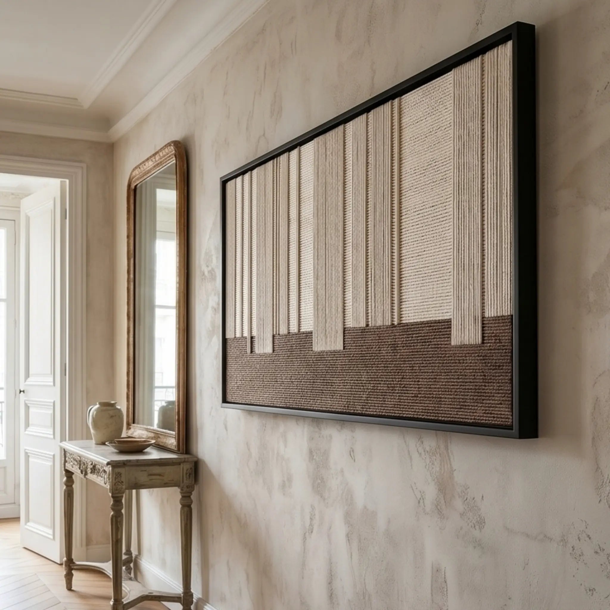 Striking rectangular hand-woven wool tapestry positioned perfectly in a bright hallway, hanging above a narrow console table.