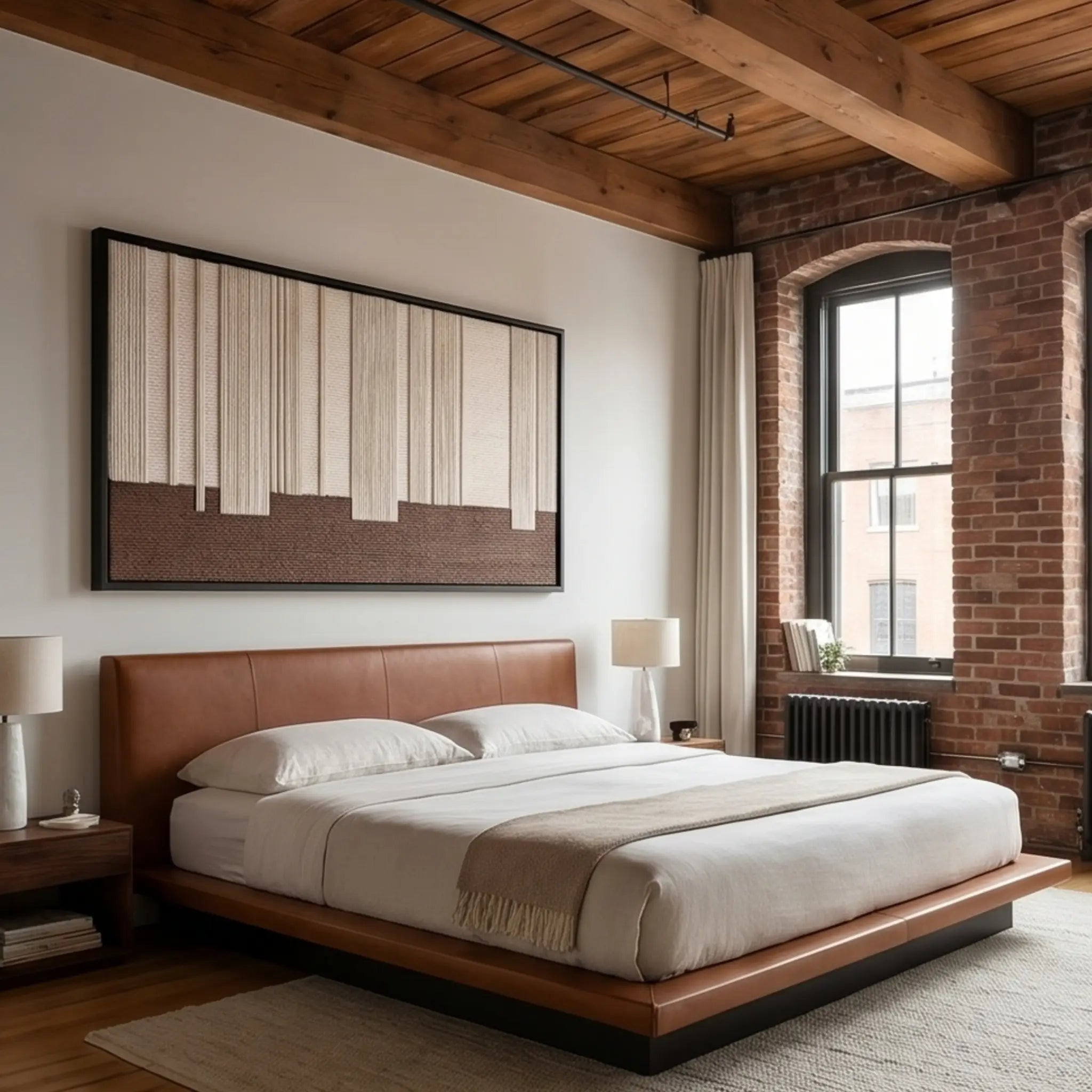 Beautiful framed hand-woven textile wall art styled elegantly above a wooden bed in an industrial loft bedroom with exposed brick walls.