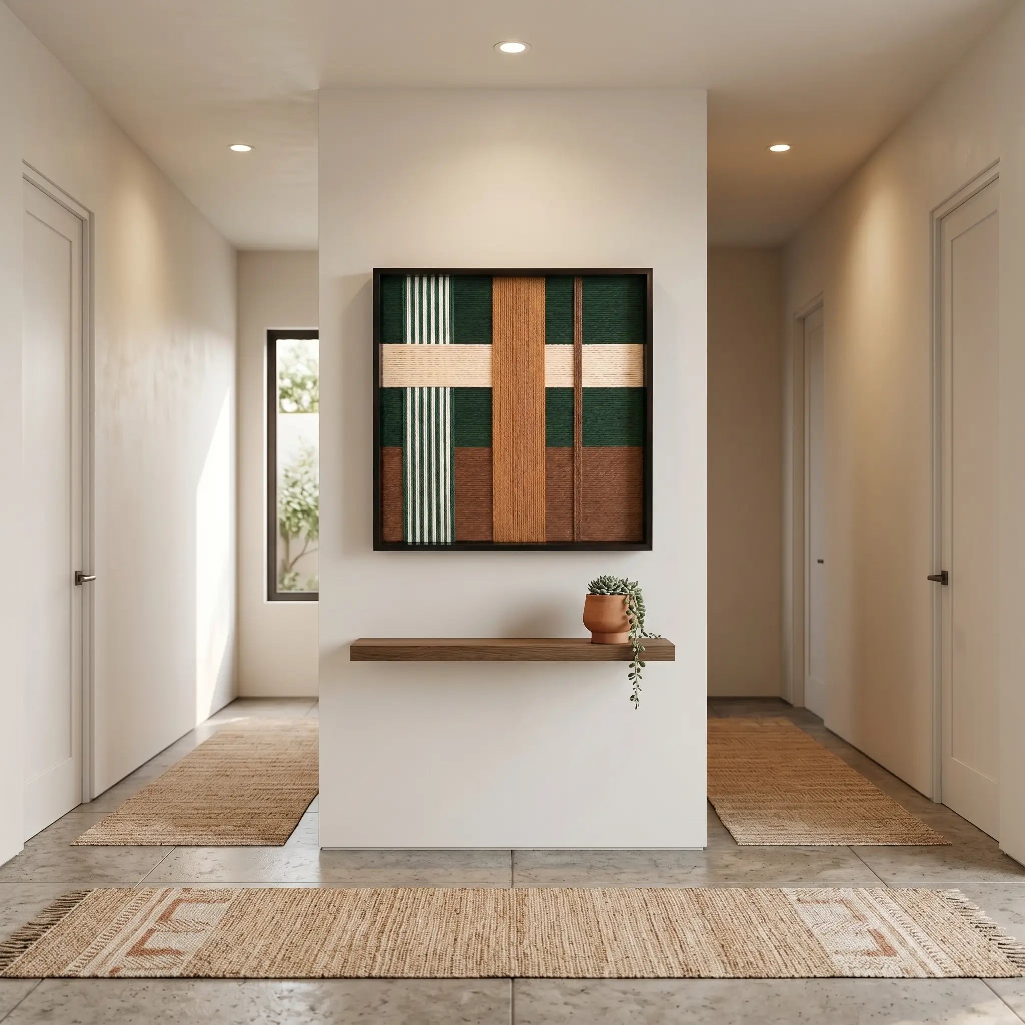 Square textured fiber art creating a sophisticated focal point in a minimalist hallway foyer with light oak architectural accents.