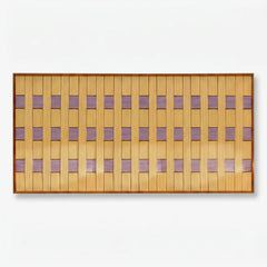 Professional studio shot of the Lavender Fields hand-woven wool wall art in a panoramic oak frame against a white background.
