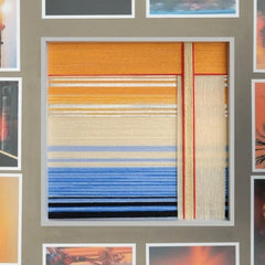 Close-up of Love at Sunset wall art showing vibrant orange and blue yarn stripe texture.