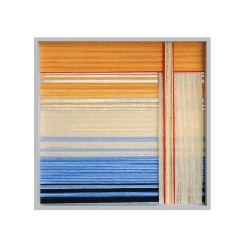 Front view of Love at Sunset yarn woven wall art on a plain white background.