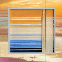 Inspirational graphic for the Love at Sunset collection featuring a real ocean sunset background and a poetic quote about love rising.